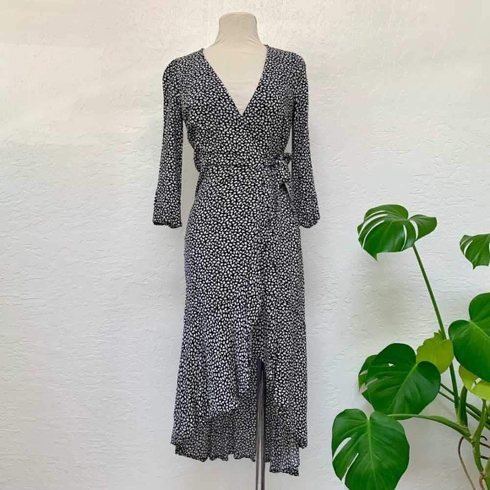 Abercrombie Puff Sleeve Wrap Midi Dress Black Pattern - Size XXS Tall